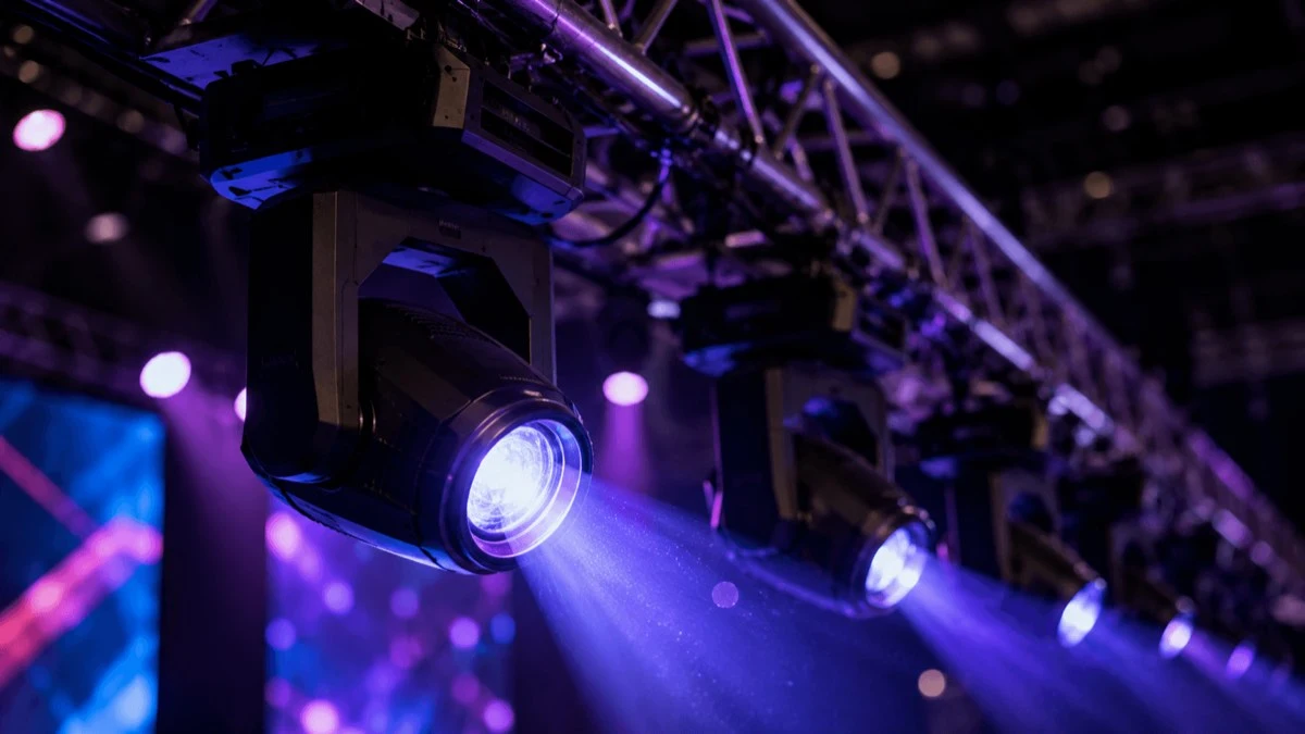 Moving-head stage lights mounted on an event truss